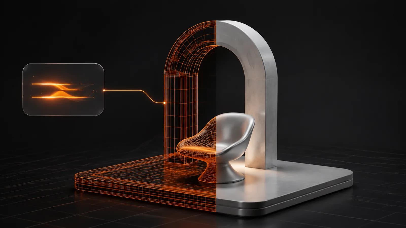 An abstract assistant linked to a partly wireframe arch and chair, illustrating a 3ds Max MCP workflow.