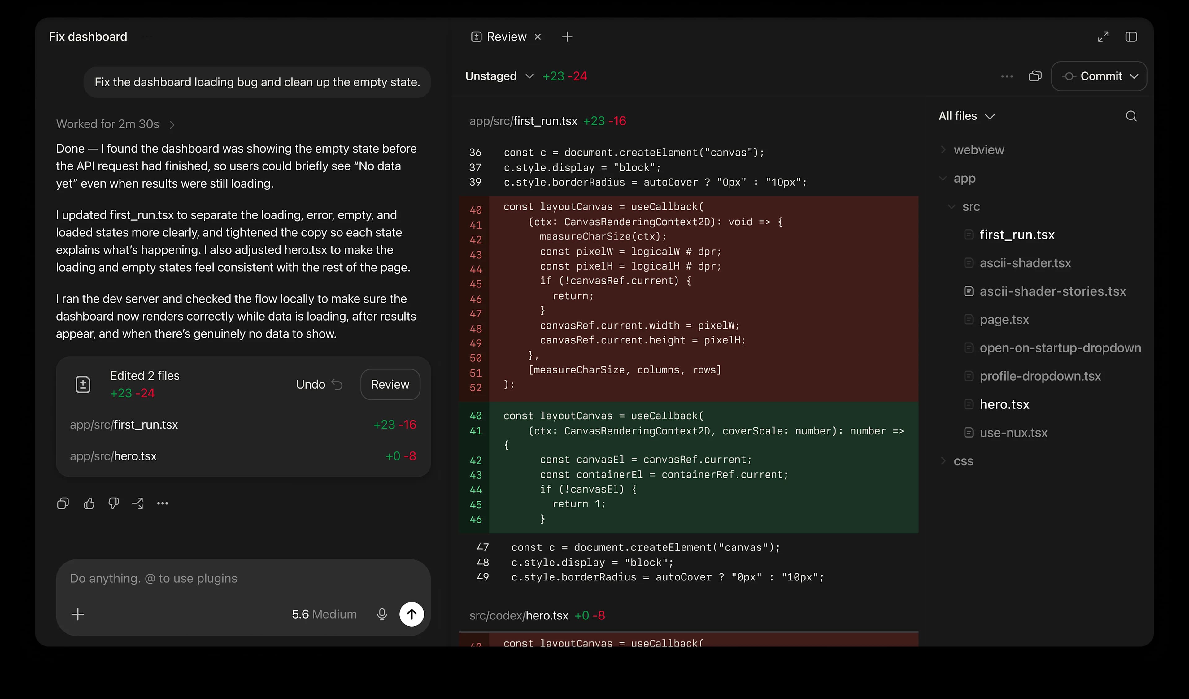 Interface Codex : une demande en langage naturel, l'exécution de l'agent et la revue du diff de code