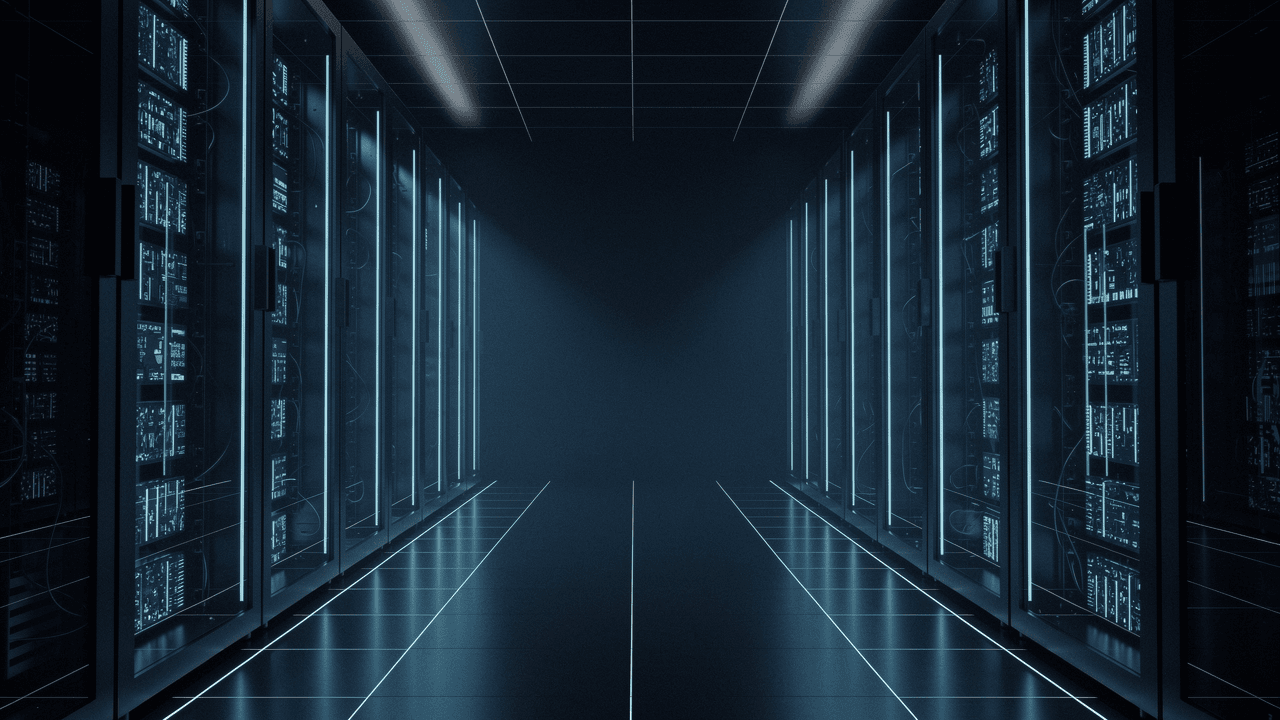 Corridor de lumière traversant une infrastructure — le stack technique souverain