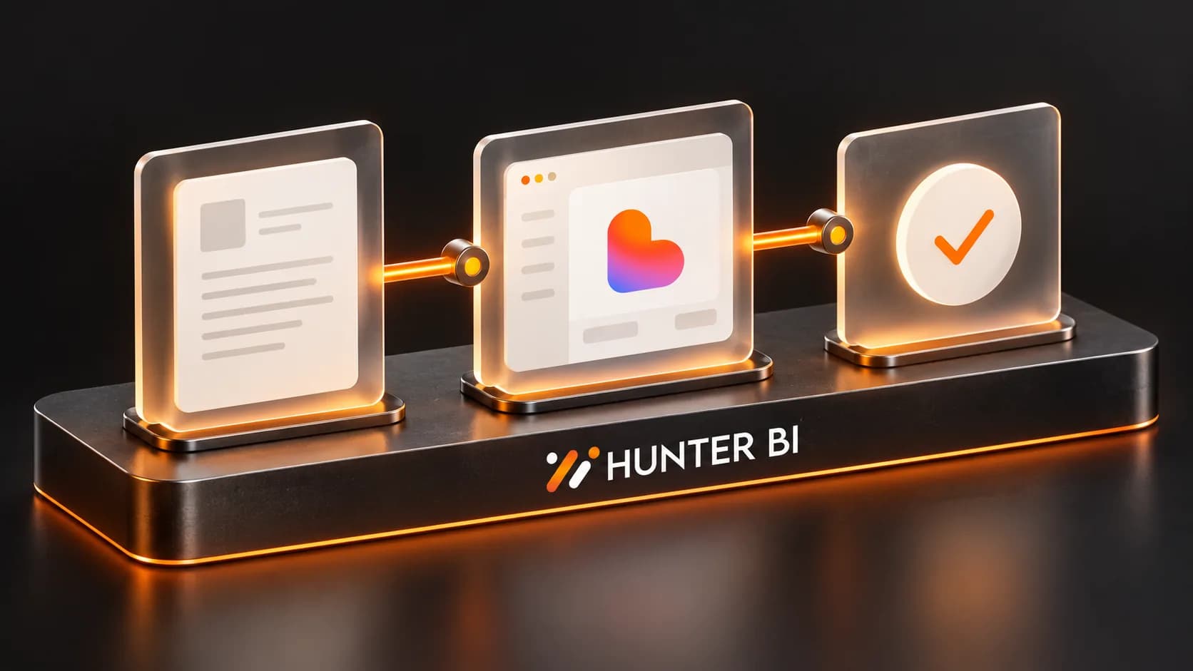 Illustration d’un parcours du brief au prototype puis à la validation, avec les logos Lovable et Hunter BI.