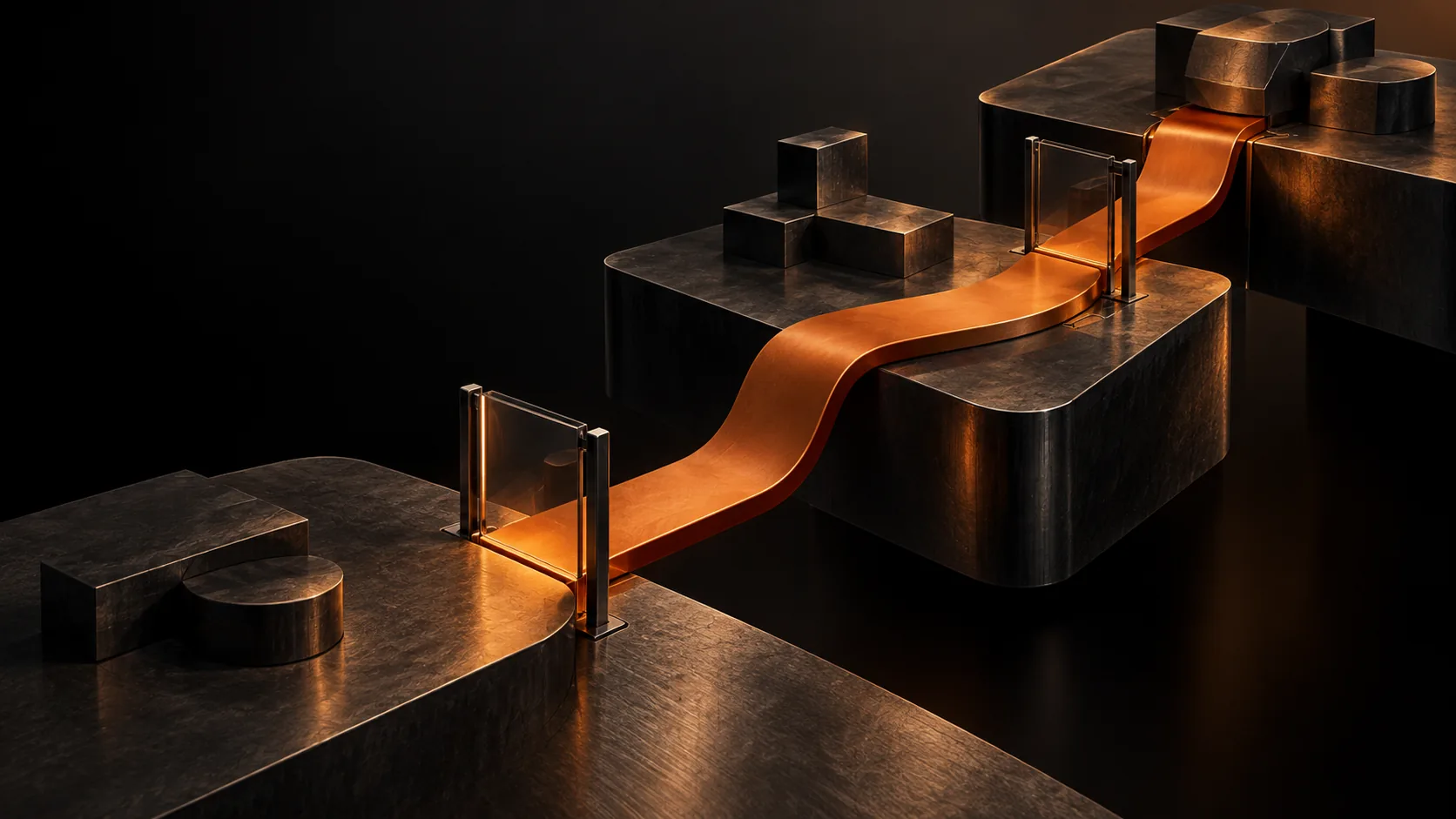 Un pont orange relie des couches architecturales par des accès délimités, illustration d’une intégration IA gouvernée